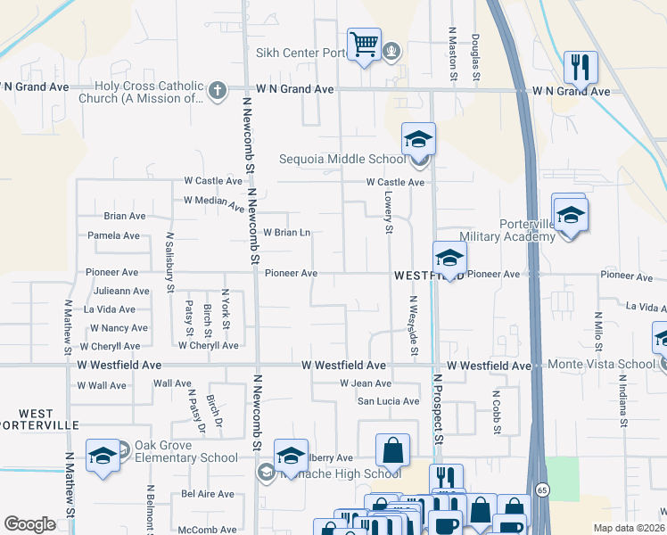 map of restaurants, bars, coffee shops, grocery stores, and more near 1430 Pioneer Avenue in Porterville