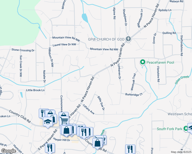 map of restaurants, bars, coffee shops, grocery stores, and more near 241 North Peace Haven Road in Winston-Salem