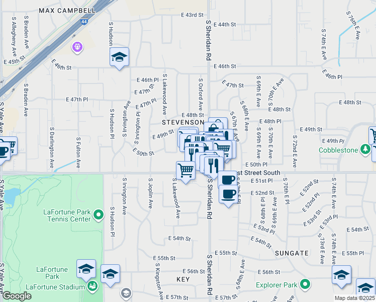 map of restaurants, bars, coffee shops, grocery stores, and more near 5008 S Sheridan Rd in Tulsa
