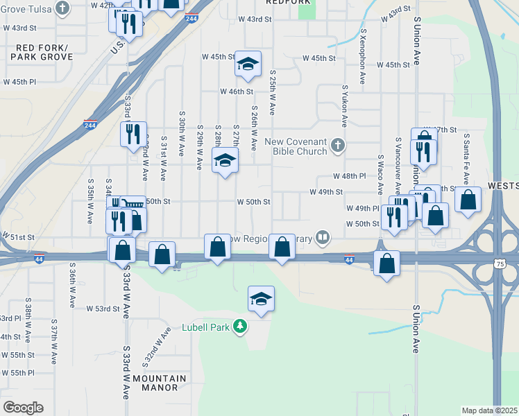 map of restaurants, bars, coffee shops, grocery stores, and more near 5004 South 25th West Avenue in Tulsa