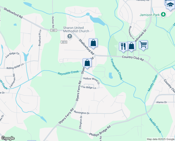 map of restaurants, bars, coffee shops, grocery stores, and more near 4400 Styers Ferry Road in Winston-Salem