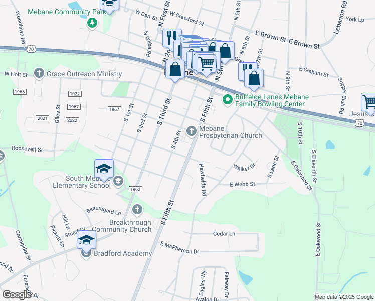 map of restaurants, bars, coffee shops, grocery stores, and more near 406 North 5th Street in Mebane