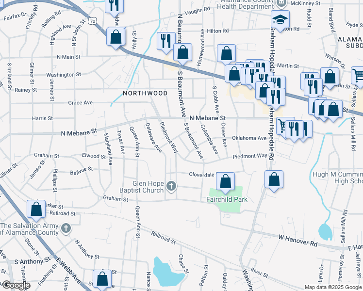 map of restaurants, bars, coffee shops, grocery stores, and more near 608 Piedmont Way in Burlington