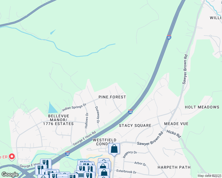 map of restaurants, bars, coffee shops, grocery stores, and more near 8036 Pine Forest Drive in Nashville