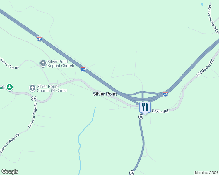 map of restaurants, bars, coffee shops, grocery stores, and more near Interstate 40 in Silver Point