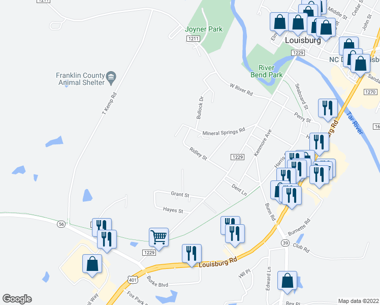map of restaurants, bars, coffee shops, grocery stores, and more near 425 Ridley Street in Louisburg
