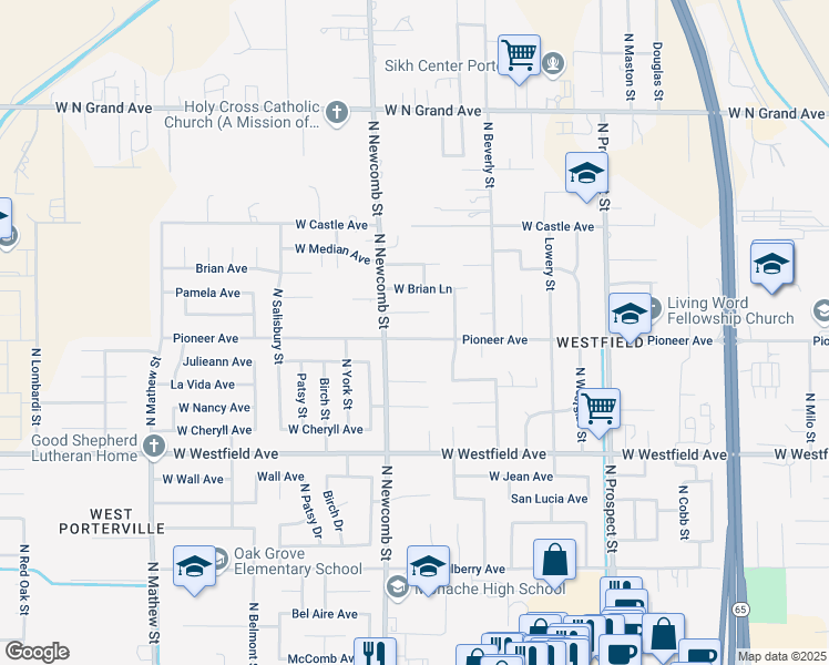 map of restaurants, bars, coffee shops, grocery stores, and more near 1550 Pioneer Avenue in Porterville