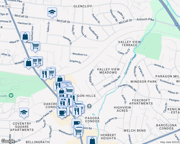 map of restaurants, bars, coffee shops, grocery stores, and more near 3819 Valley Ridge Drive in Nashville
