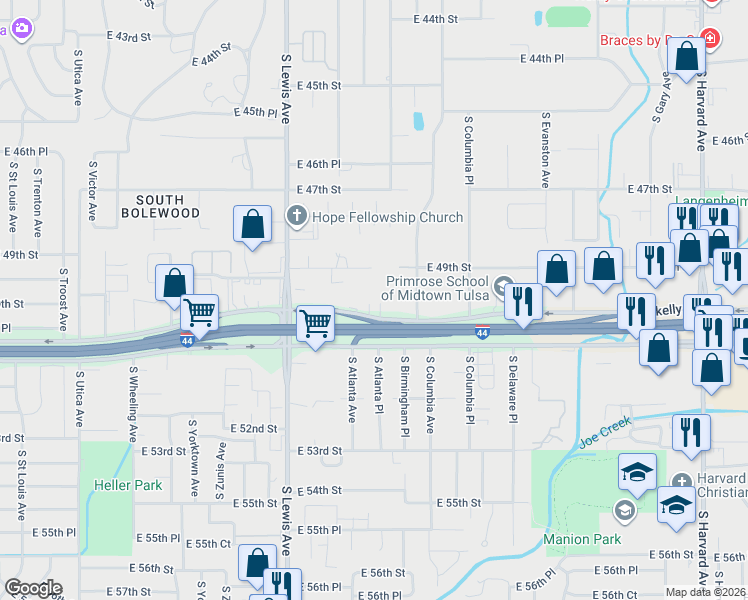 map of restaurants, bars, coffee shops, grocery stores, and more near 2531 East Skelly Drive in Tulsa