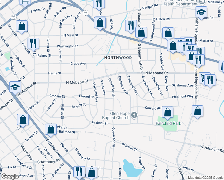 map of restaurants, bars, coffee shops, grocery stores, and more near 529 Queen Ann Street in Burlington
