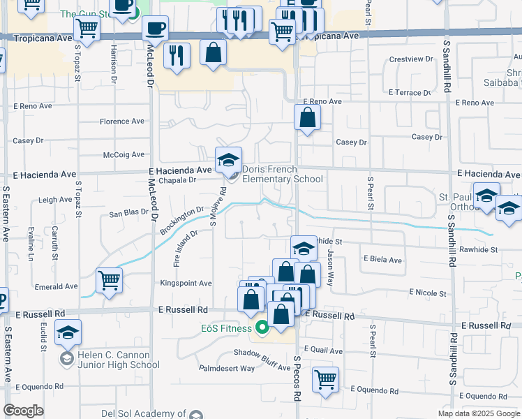 map of restaurants, bars, coffee shops, grocery stores, and more near 3230 Brookfield Drive in Las Vegas