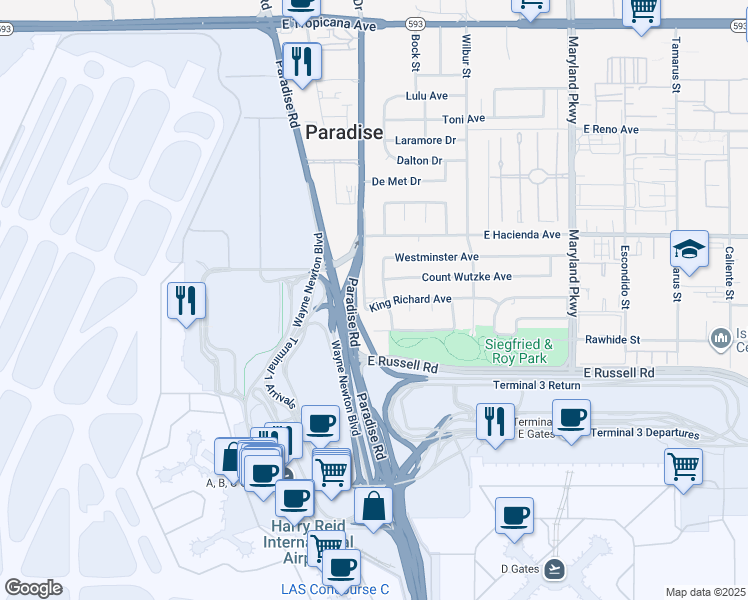 map of restaurants, bars, coffee shops, grocery stores, and more near 5407 South University Center Drive in Las Vegas