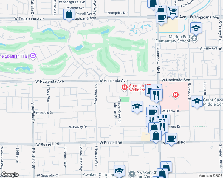 map of restaurants, bars, coffee shops, grocery stores, and more near 5347 Boschetto Street in Las Vegas