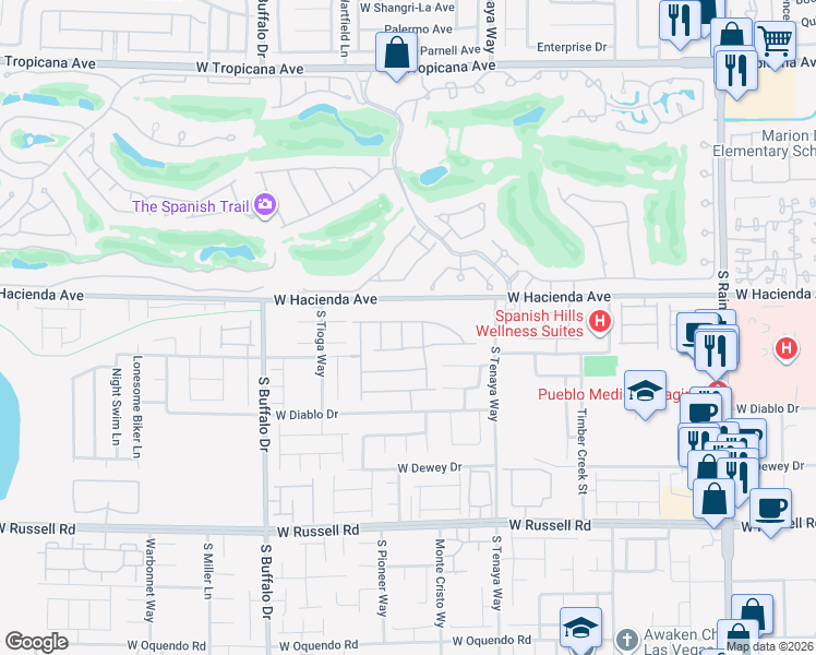 map of restaurants, bars, coffee shops, grocery stores, and more near Tropicana Flamingo Wash Trail in Las Vegas