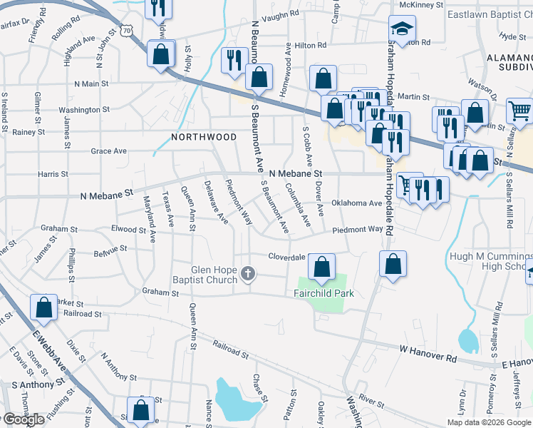 map of restaurants, bars, coffee shops, grocery stores, and more near 615 South Beaumont Avenue in Burlington