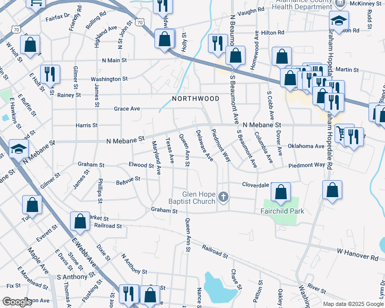 map of restaurants, bars, coffee shops, grocery stores, and more near 530 Queen Ann Street in Burlington