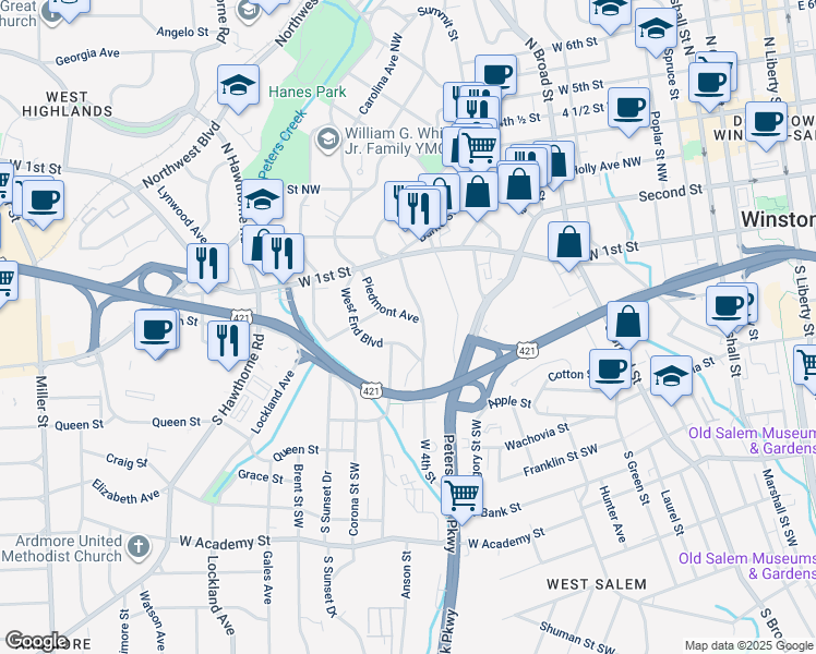 map of restaurants, bars, coffee shops, grocery stores, and more near 1234 West 4th Street in Winston-Salem