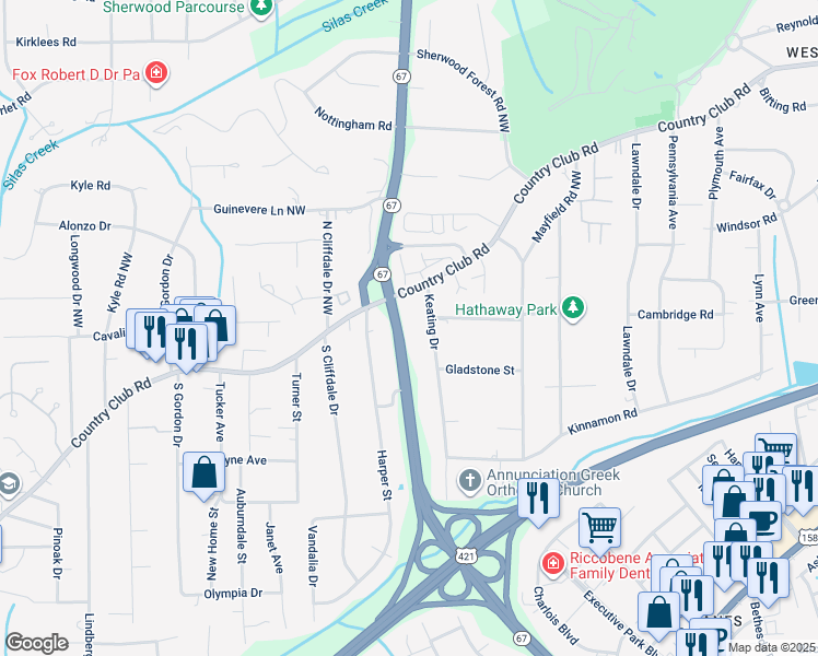 map of restaurants, bars, coffee shops, grocery stores, and more near 4379 Silas Creek Parkway in Winston-Salem