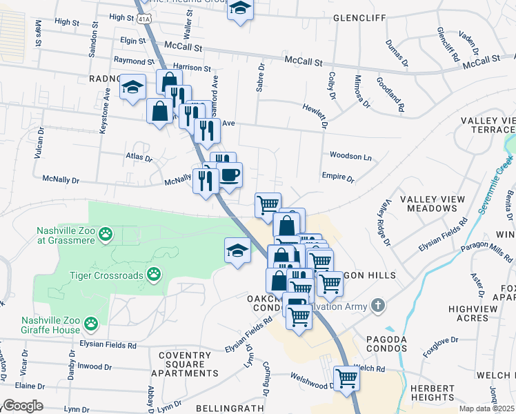 map of restaurants, bars, coffee shops, grocery stores, and more near 205 Yelton Court in Nashville