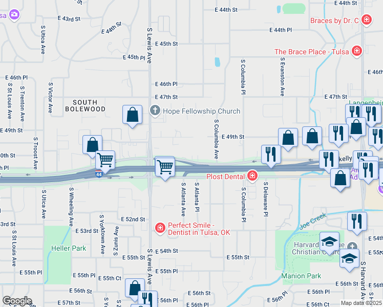 map of restaurants, bars, coffee shops, grocery stores, and more near 2505 East Skelly Drive in Tulsa