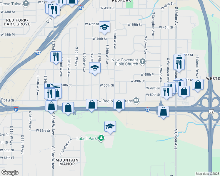 map of restaurants, bars, coffee shops, grocery stores, and more near 5004 South 25th West Avenue in Tulsa