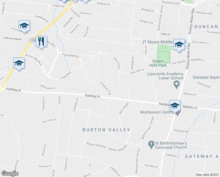 map of restaurants, bars, coffee shops, grocery stores, and more near 16 Compton Trce in Nashville