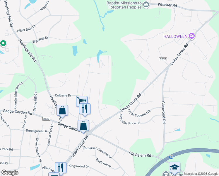 map of restaurants, bars, coffee shops, grocery stores, and more near 218 Greenlawn Drive in Kernersville