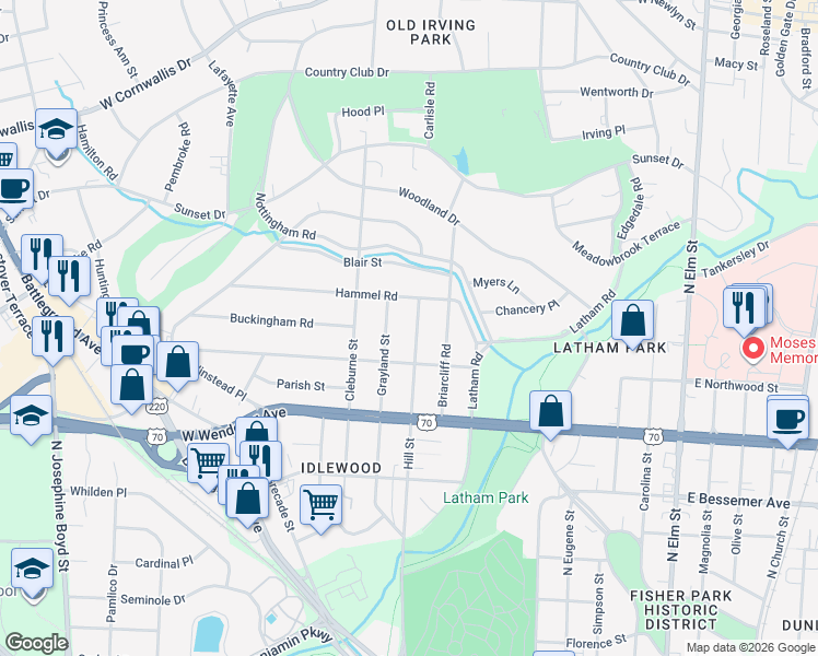 map of restaurants, bars, coffee shops, grocery stores, and more near 1211 Hill Street in Greensboro