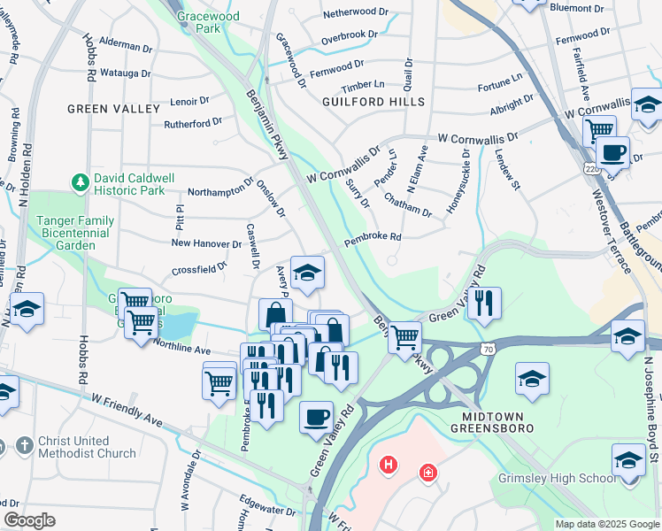 map of restaurants, bars, coffee shops, grocery stores, and more near 917 Benjamin Parkway in Greensboro