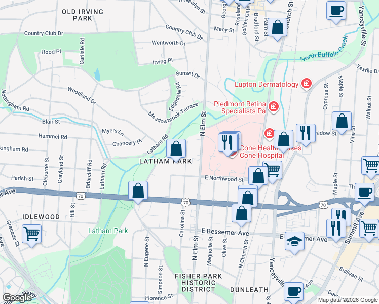 map of restaurants, bars, coffee shops, grocery stores, and more near 1316 Carolina Street in Greensboro