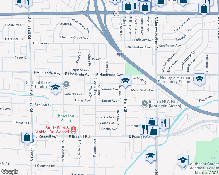 map of restaurants, bars, coffee shops, grocery stores, and more near 4300 Verona Avenue in Las Vegas