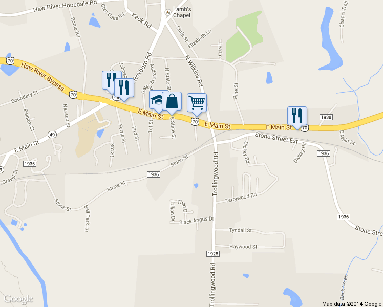 map of restaurants, bars, coffee shops, grocery stores, and more near 1192 Stone Street in Haw River