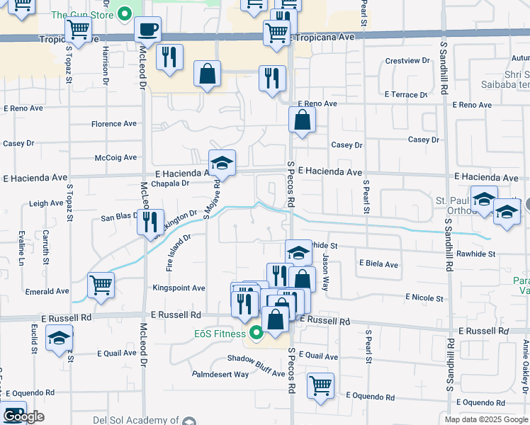 map of restaurants, bars, coffee shops, grocery stores, and more near 3230 Brookfield Drive in Las Vegas