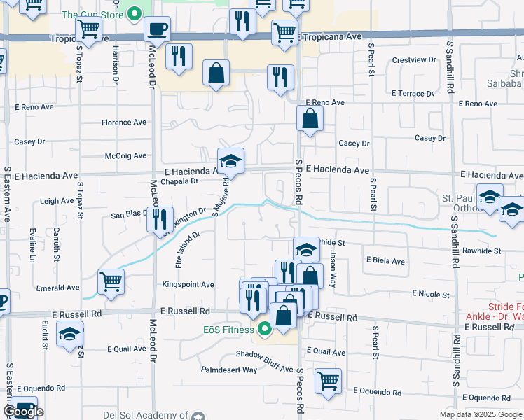 map of restaurants, bars, coffee shops, grocery stores, and more near 3246 Brookfield Drive in Las Vegas