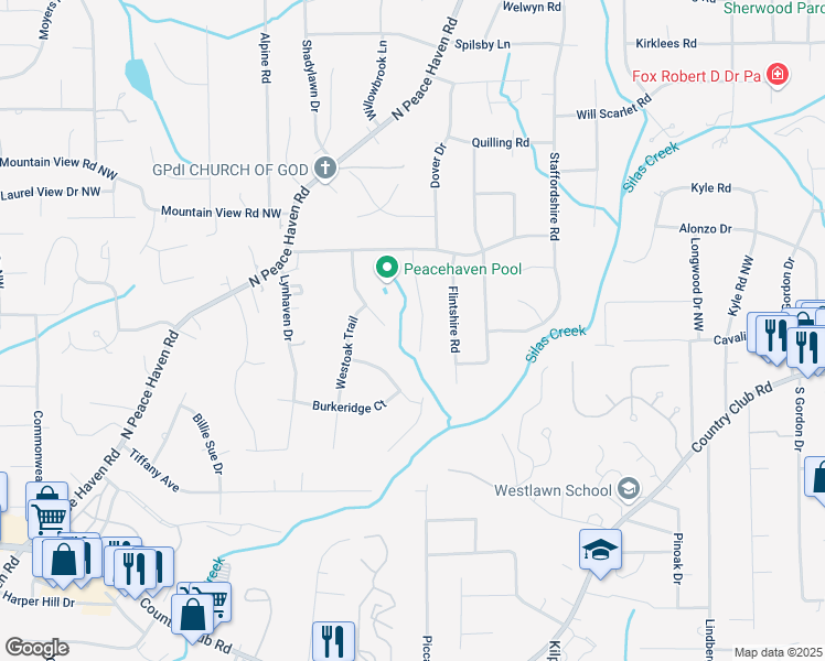 map of restaurants, bars, coffee shops, grocery stores, and more near 631 Valley Brook Lane in Winston-Salem