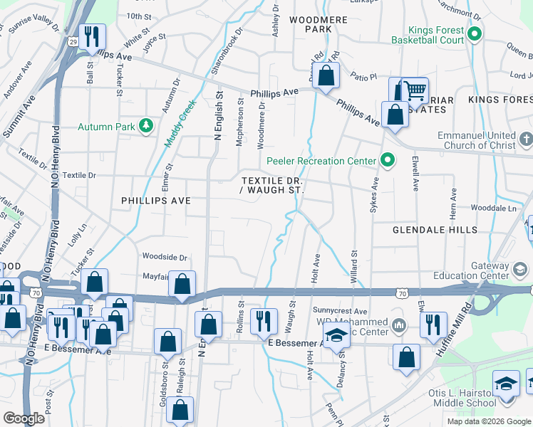 map of restaurants, bars, coffee shops, grocery stores, and more near 2127 Fairbrother Street in Greensboro