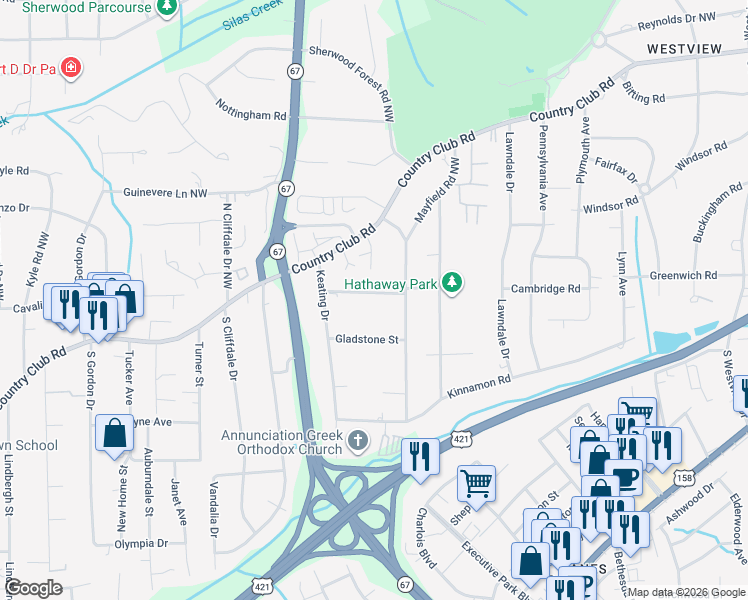 map of restaurants, bars, coffee shops, grocery stores, and more near 3420 Royalton Street in Winston-Salem