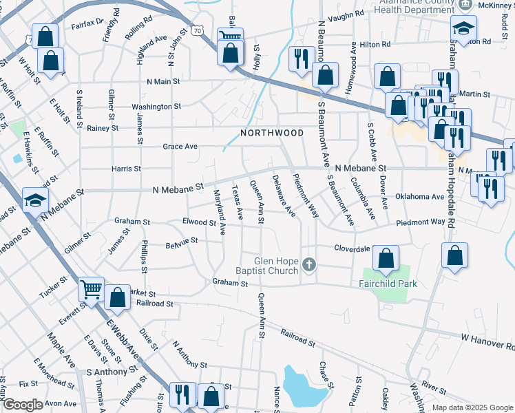 map of restaurants, bars, coffee shops, grocery stores, and more near 529 Queen Ann Street in Burlington