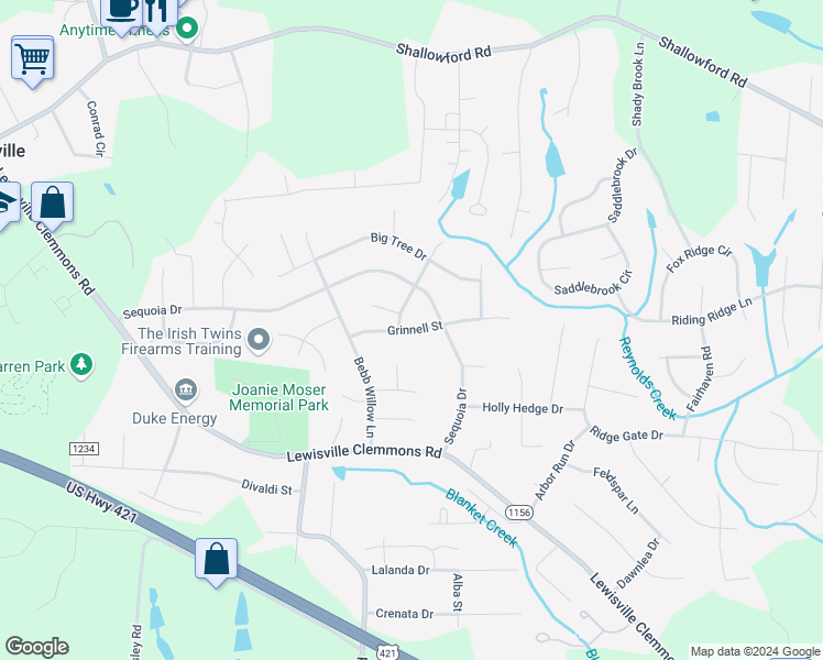 map of restaurants, bars, coffee shops, grocery stores, and more near Grinnell Street in Lewisville