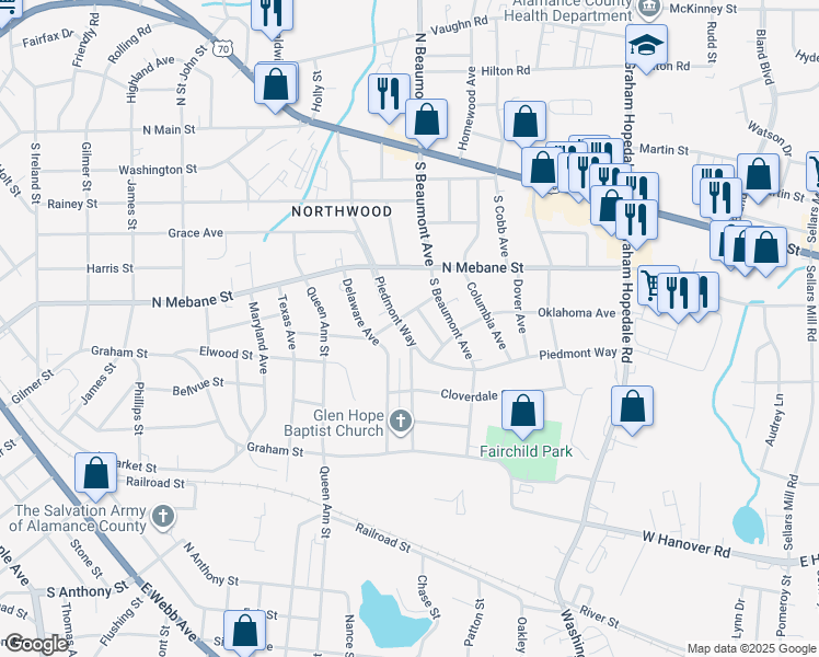 map of restaurants, bars, coffee shops, grocery stores, and more near 608 Piedmont Way in Burlington