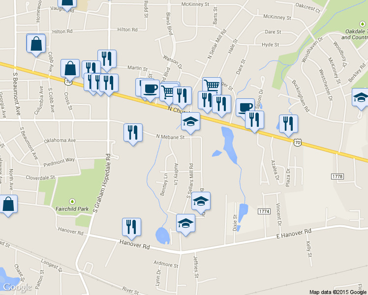 map of restaurants, bars, coffee shops, grocery stores, and more near 604 S Sellars Mill Rd in Burlington