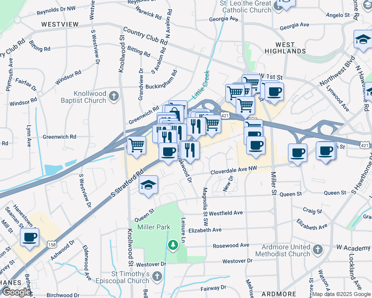 map of restaurants, bars, coffee shops, grocery stores, and more near 285 U.S. 158 in Winston-Salem
