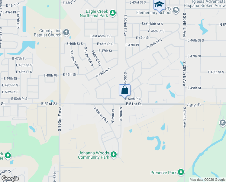 map of restaurants, bars, coffee shops, grocery stores, and more near 5017 South 197th East Avenue in Broken Arrow