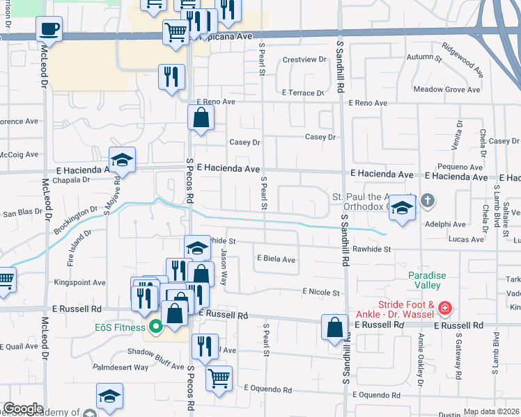 map of restaurants, bars, coffee shops, grocery stores, and more near 5397 S Pearl St in Las Vegas