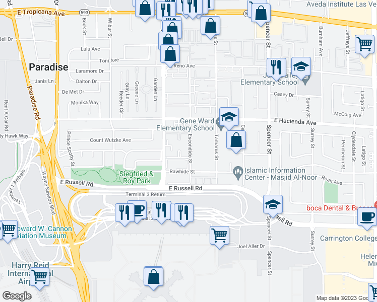 map of restaurants, bars, coffee shops, grocery stores, and more near 124 Escondido Street in Las Vegas