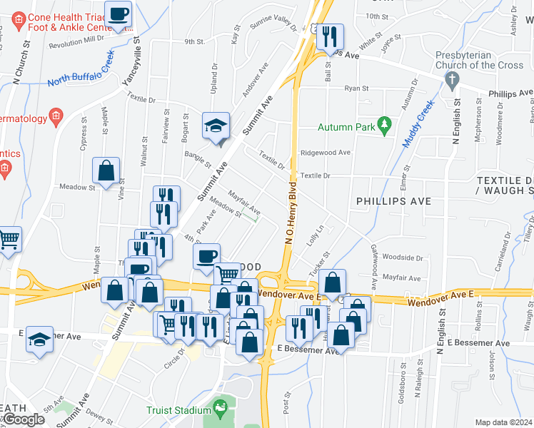 map of restaurants, bars, coffee shops, grocery stores, and more near 1411 Mayfair Avenue in Greensboro