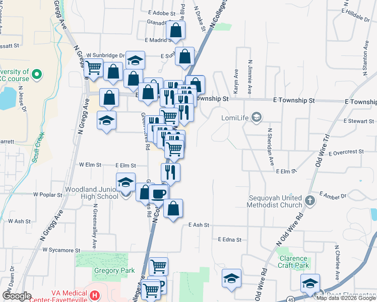 map of restaurants, bars, coffee shops, grocery stores, and more near 2190 North College Avenue in Fayetteville