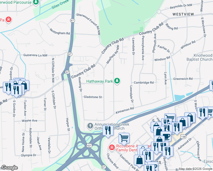 map of restaurants, bars, coffee shops, grocery stores, and more near 307 Burkewood Drive in Winston-Salem