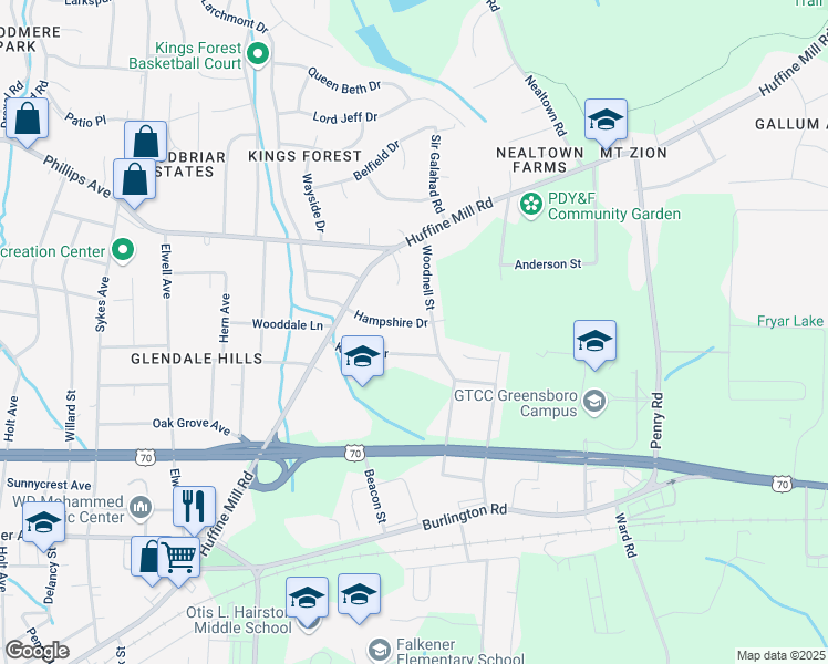 map of restaurants, bars, coffee shops, grocery stores, and more near 4224 Hampshire Drive in Greensboro