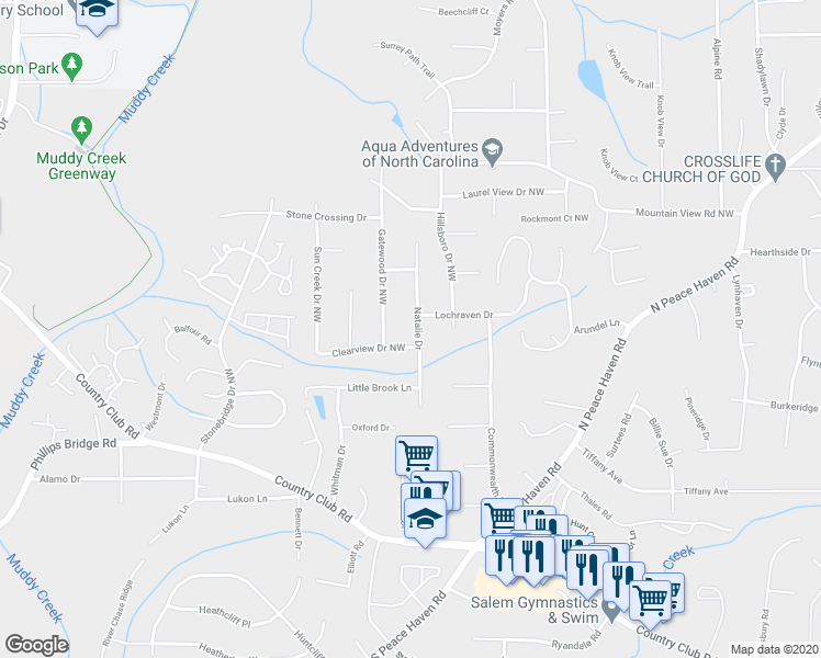 map of restaurants, bars, coffee shops, grocery stores, and more near 304 Natalie Drive in Winston-Salem